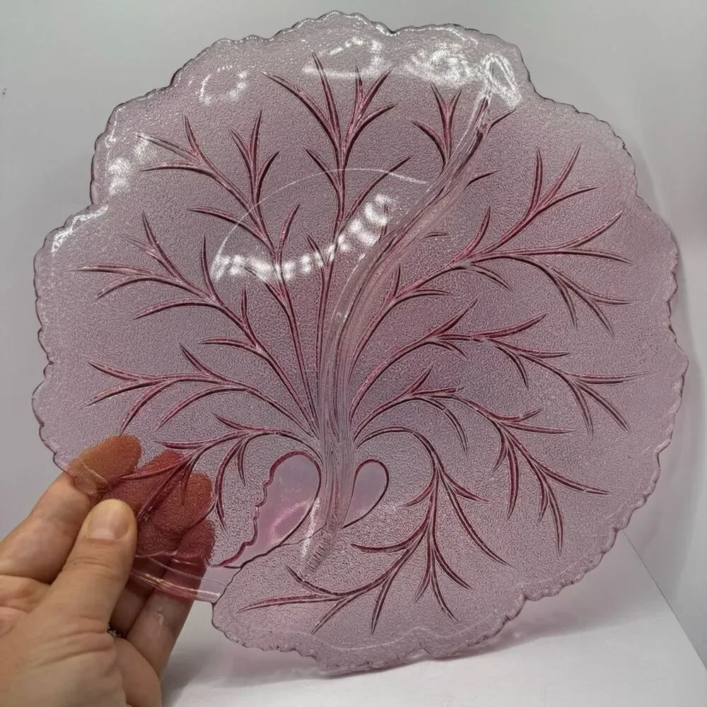 Vintage Indiana Glass Pink Divided Serving Plate — 10″ Mid-Century Glassware
